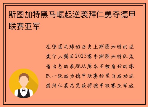斯图加特黑马崛起逆袭拜仁勇夺德甲联赛亚军