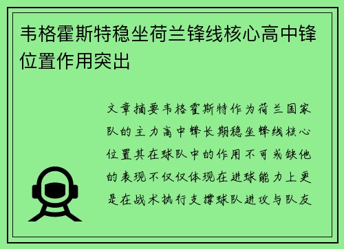 韦格霍斯特稳坐荷兰锋线核心高中锋位置作用突出